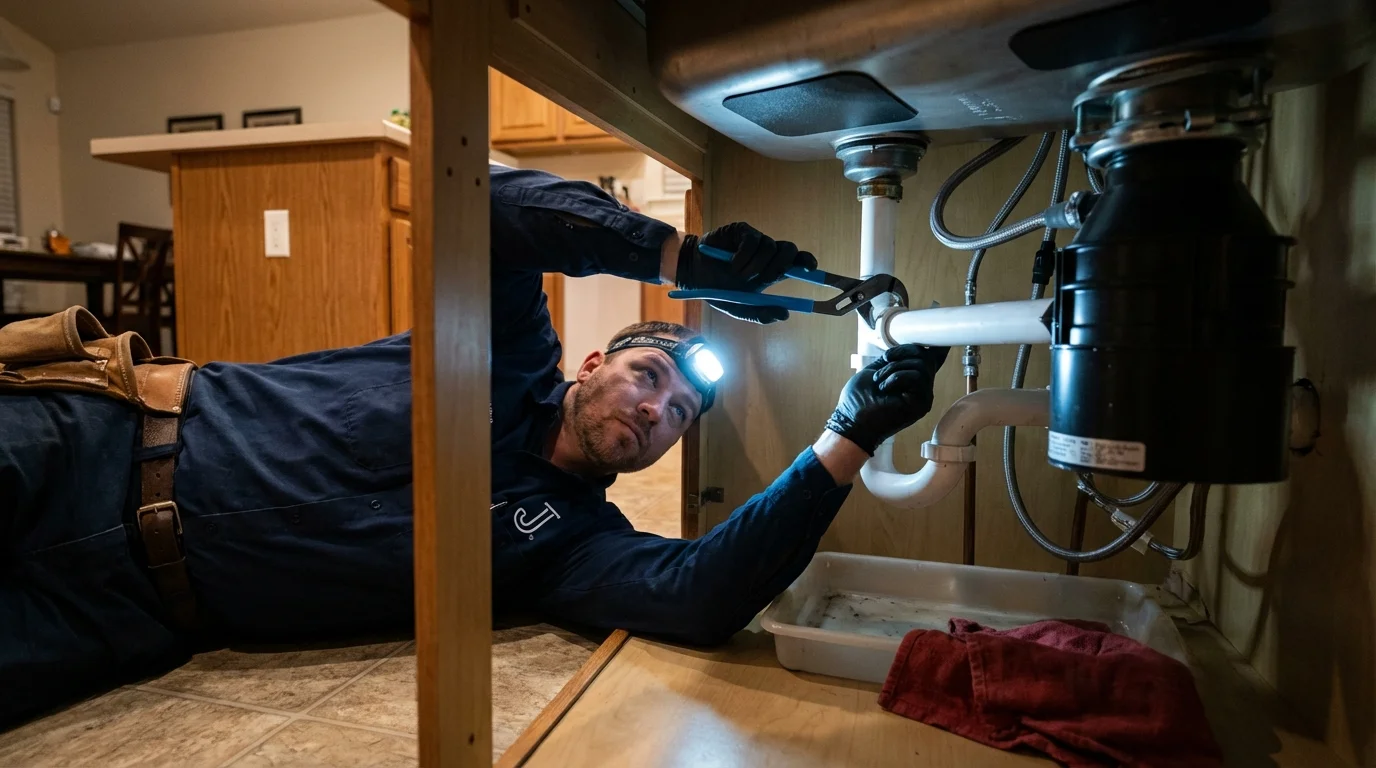 P-trap and supply line connections under a kitchen sink showing a common leak point in Clarkston, MI